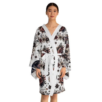 Model showcasing the Floral Kimono Robe, a designer lounge wear piece with vibrant patterns and a flattering silhouette, ideal for chic lounging.