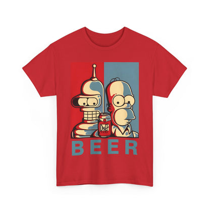 Chic Bender and Homer Beer Graphic T-Shirt, merging humour with a classic design, ideal for discerning fans in an unisex fit.