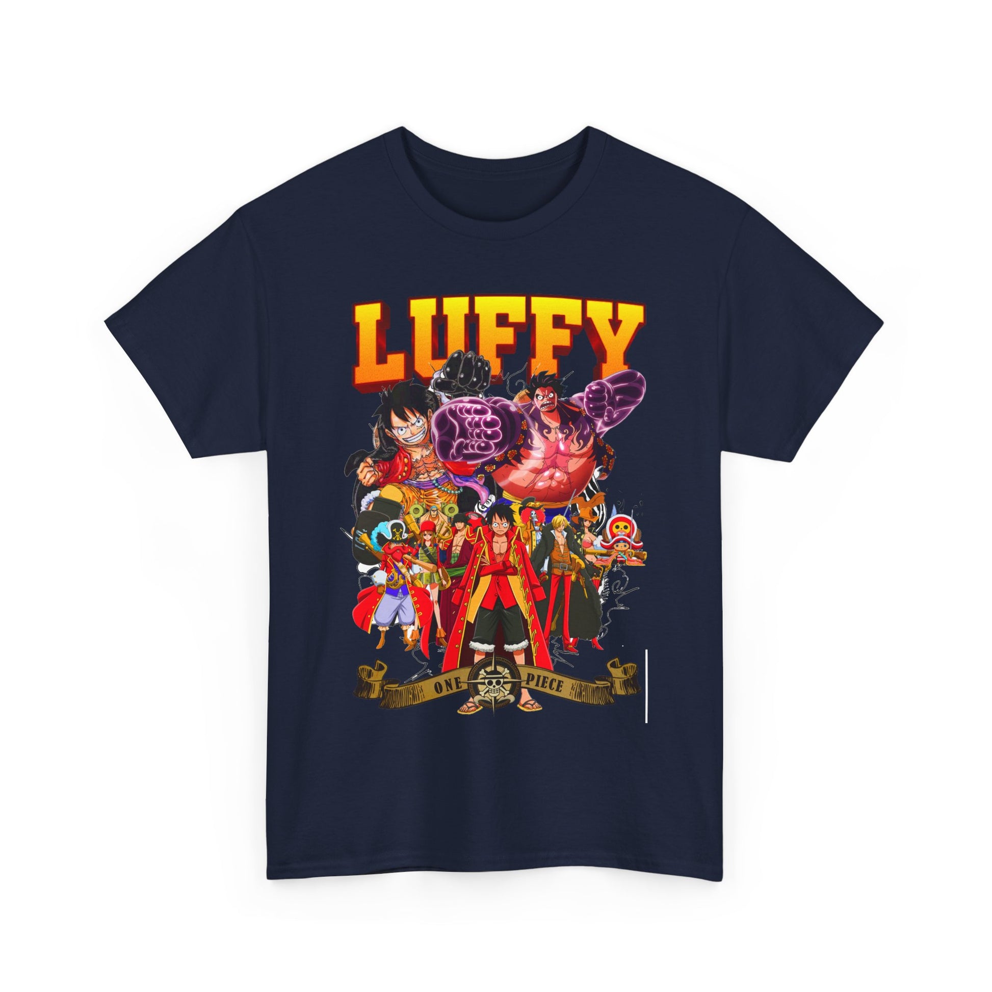 Luxurious navy blue men's t-shirt featuring a bold graphic design of Luffy and other iconic characters from the One Piece anime, perfect for fans seeking stylish apparel.