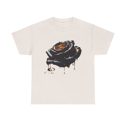 Close-Up Abstract Rose Unisex Cotton Tee featuring a striking artistic rose design with flowing molten elements on a light background, perfect for a stylish wardrobe.