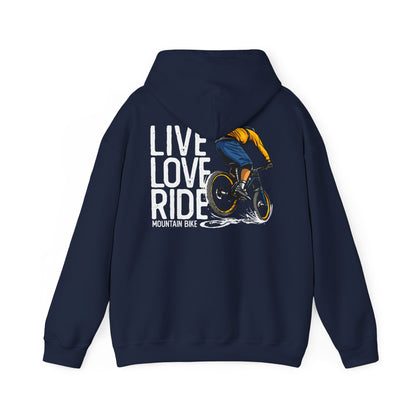 Chic navy hoodie adorned with an inspiring mountain biking graphic, highlighting the 'LIVE LOVE RIDE' theme for adventurous spirits.