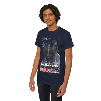Stylishly dressed model presenting the navy Hunter x Hunter Phantom Rouge T-shirt, highlighting its unique anime character design and comfortable fit.