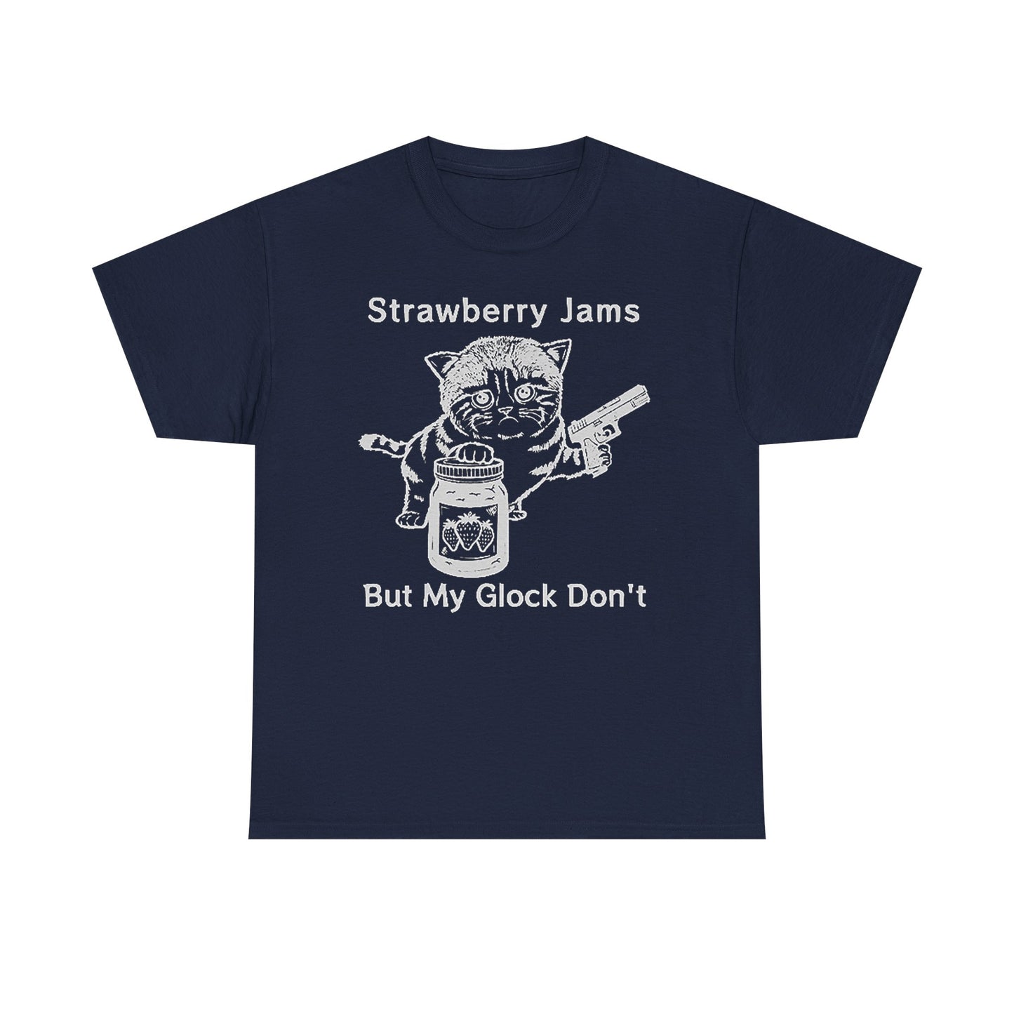 Elegant navy blue graphic tee showcasing a cartoon cat with a jar of strawberry jam and a handgun, accompanied by the phrase 'Strawberry Jams But My Glock Don't.' Ideal for making a bold fashion statement.