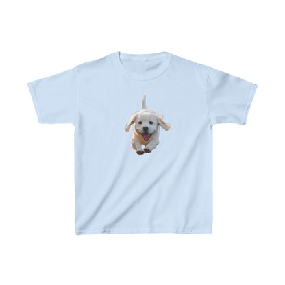 Leaping Puppy Kids Tee in light blue, displaying a joyful leaping puppy design, crafted for comfort and playful style for children.