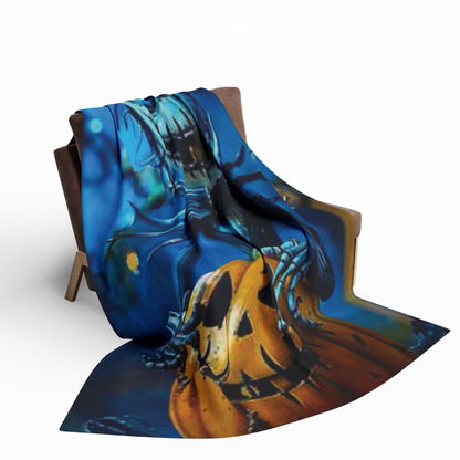 Decorative and Warm Halloween Skellington Spooky Arctic Fleece Blanket cascading over a chair, featuring a whimsical pumpkin design that enhances the charm of any Halloween setting.