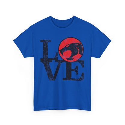 Premium Thundercats Love Unisex T-Shirt featuring a striking blue fabric with a bold graphic design of the word 'LOVE' alongside the iconic Thundercats emblem, perfect for urban style and fans of luxury graphic tees.