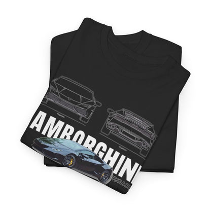 Stacked T-Shirts with Lamborghini Huracán technical drawing print, ideal for stylish automotive enthusiasts.