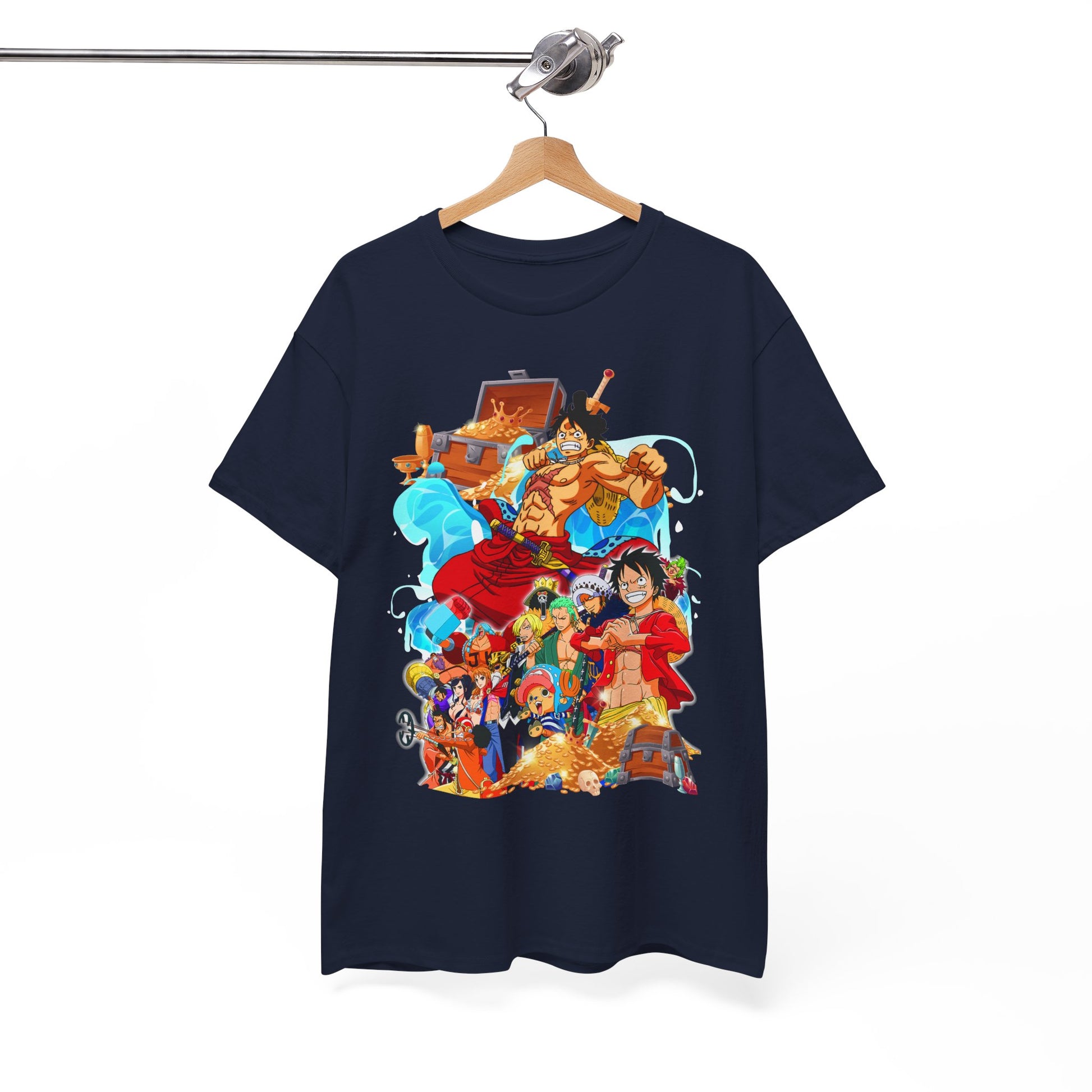 Luxurious navy blue men's T-shirt featuring a vibrant graphic design of iconic anime characters celebrating adventure, ideal for anime enthusiasts.