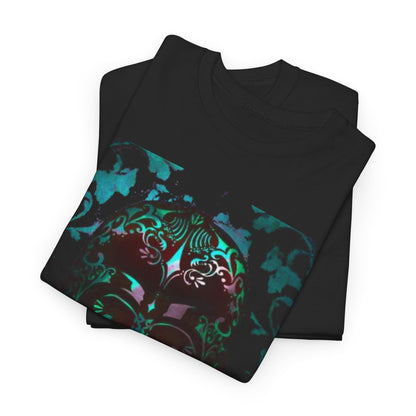 Luxurious unisex graphic t-shirt featuring a stylised Darth Vader helmet with intricate floral designs against a deep black backdrop, embodying the playful essence of iconic Star Wars art.