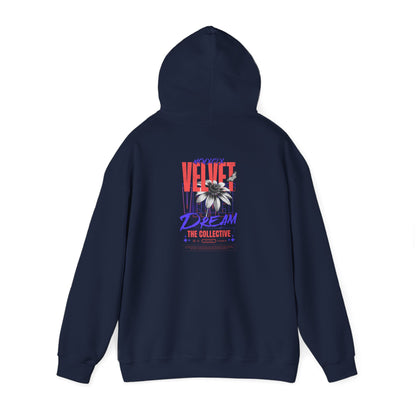 Luxury navy blue hoodie featuring the stunning VELVET DREAM design on the back, showcasing intricate floral and geometric art, ideal for stylish wardrobe elevation.
