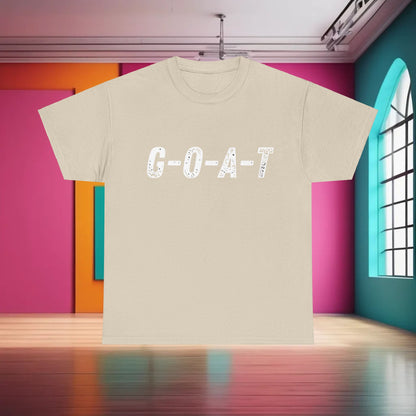 Greatest of All Time GOAT Graphic T-Shirt in a subtle beige tone, elegantly displaying the GOAT graphic for a sophisticated casual look.