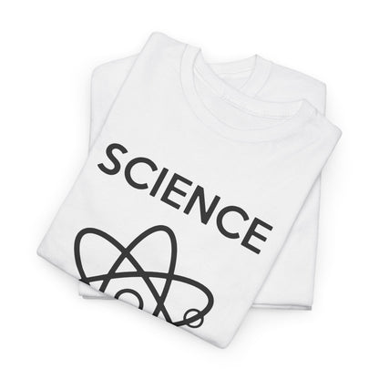 Refined folded white t-shirts displaying the impactful 'SCIENCE' message alongside an atomic illustration, ideal for those who appreciate thoughtful fashion statements.