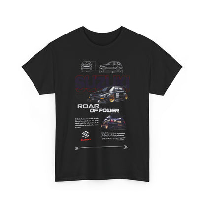 Sophisticated men's black Suzuki Forza t-shirt featuring a vibrant graphic of the car, embellished with the empowering phrase 'ROAR OF POWER', perfect for automotive style.