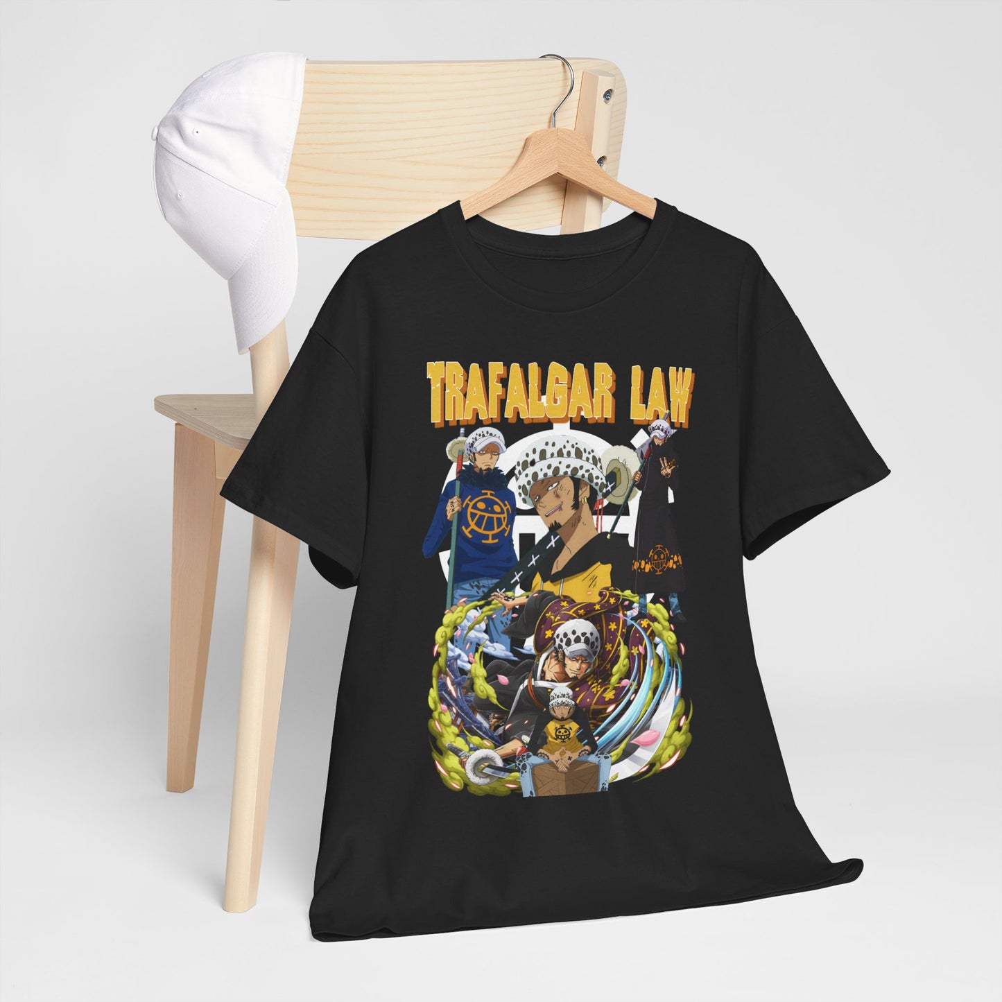 Elegant black anime t-shirt featuring an artistic representation of Trafalgar Law from One Piece, ideal for trendsetters and anime lovers alike.