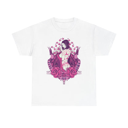 Luxurious white t-shirt featuring stunning tattoo art of a woman with flowing hair surrounded by vibrant roses in deep pink hues, symbolising love and strength.