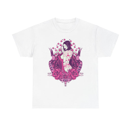 Luxurious white t-shirt featuring stunning tattoo art of a woman with flowing hair surrounded by vibrant roses in deep pink hues, symbolising love and strength.