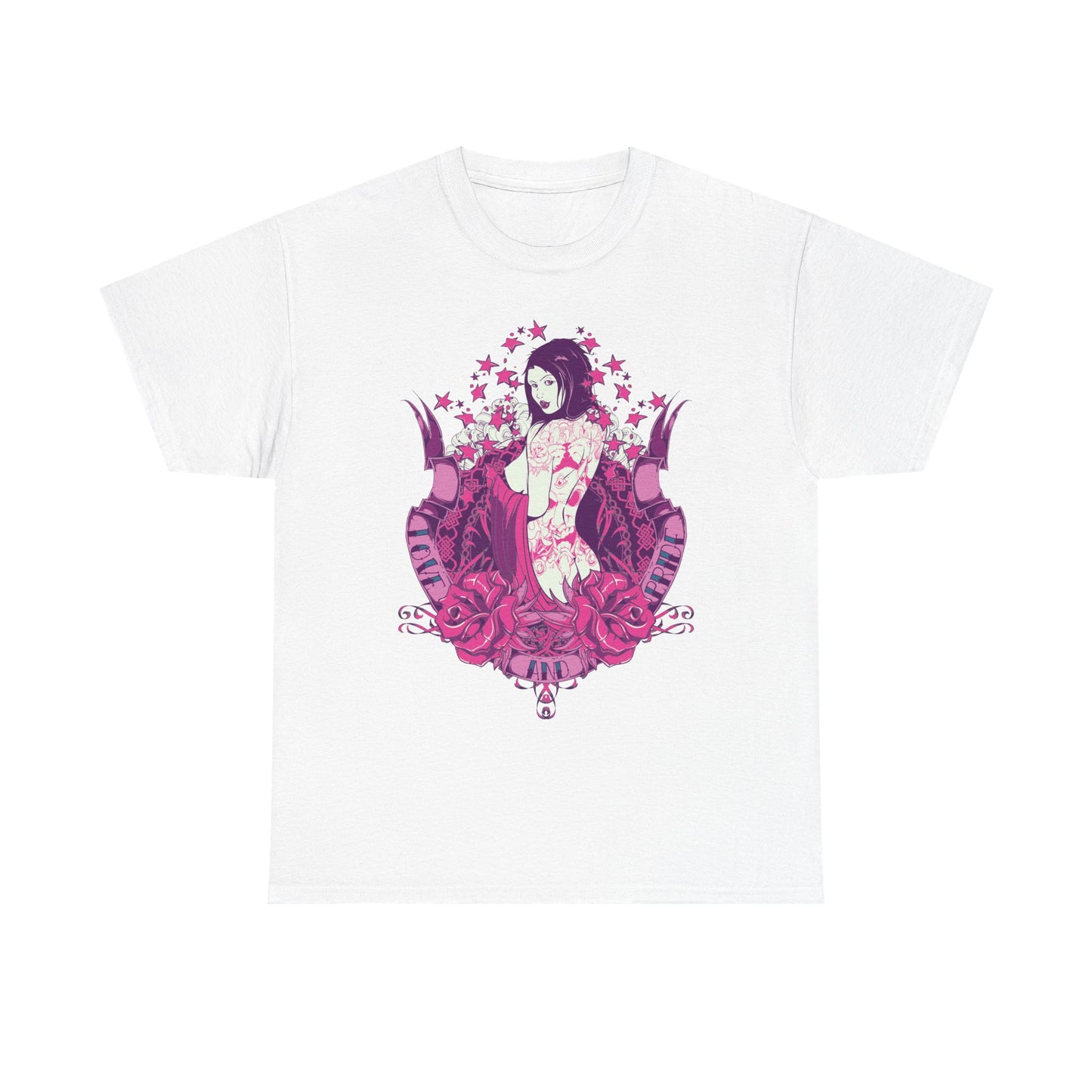 Luxury bold graphic t-shirt featuring intricate tattoo art design, vibrant pink and purple hues, modeled on a crisp white background.