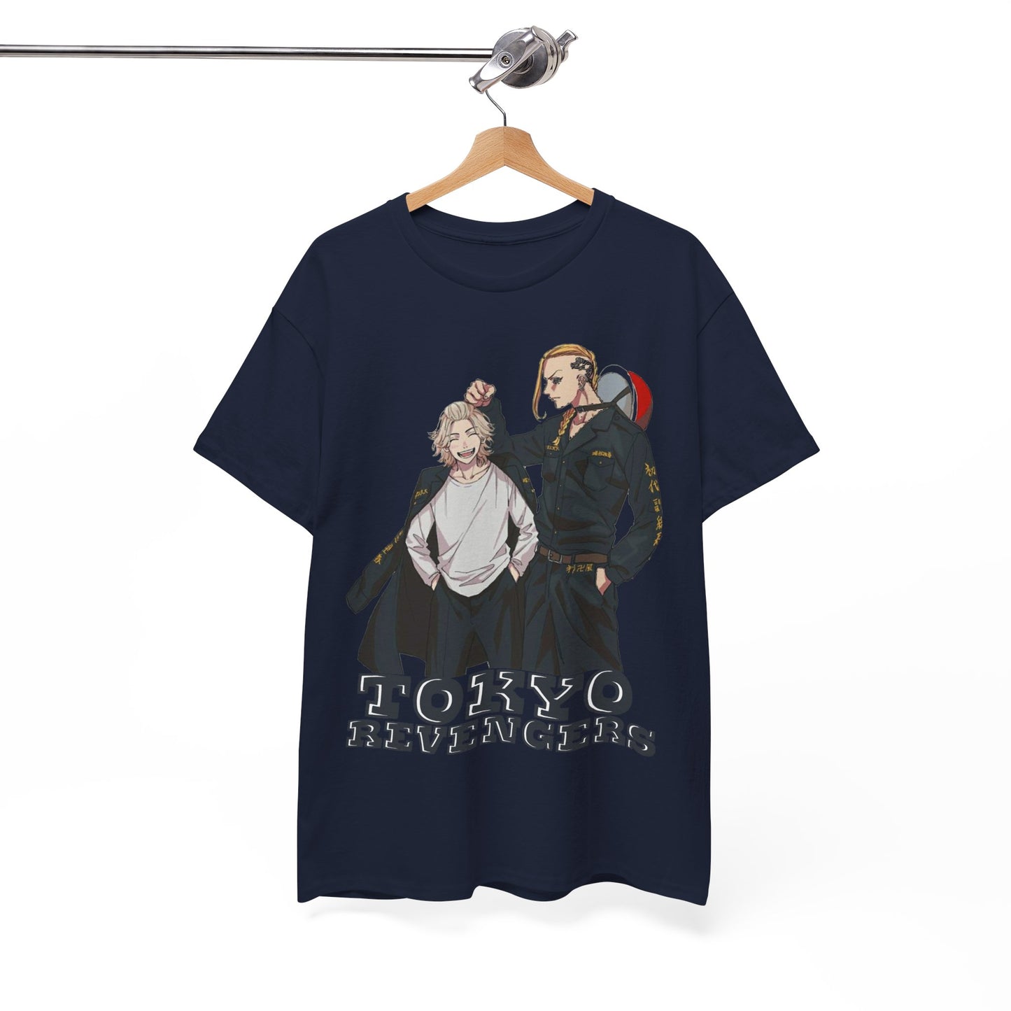 Elegant hanging display of Tokyo Revengers graphic tee featuring captivating anime design, perfect for fashion-forward individuals.