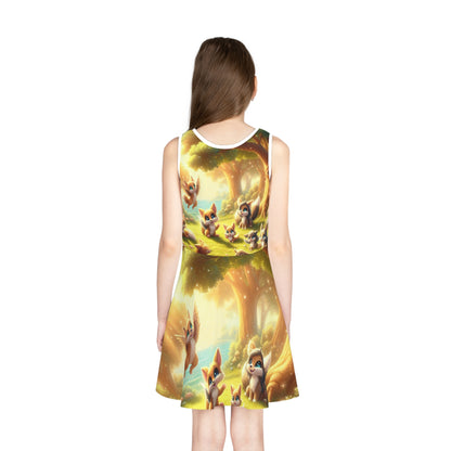Delilah Blossom whimsical girls sundress by Dazzling Dreams Studio featuring enchanting fantasy creatures, perfect for summer adventures.
