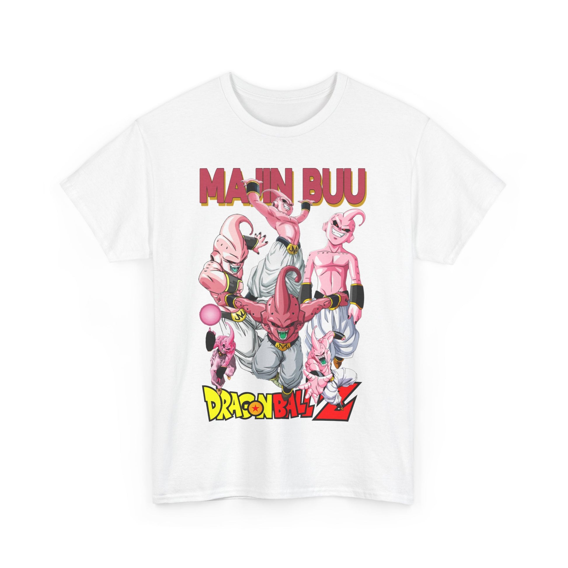 Elegant white graphic tee showcasing dynamic visuals of Majin Buu and other characters from Dragon Ball Z, highlighted by striking lettering and vivid colours, ideal for fashion-conscious anime fans.