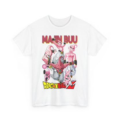 Elegant white graphic tee showcasing dynamic visuals of Majin Buu and other characters from Dragon Ball Z, highlighted by striking lettering and vivid colours, ideal for fashion-conscious anime fans.