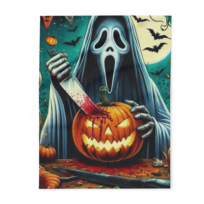 Decorative and Warm Halloween Spooky Scream Arctic Fleece Blanket featuring a ghostly figure carving a jack-o'-lantern, perfect for adding a luxury touch to your Halloween decor.