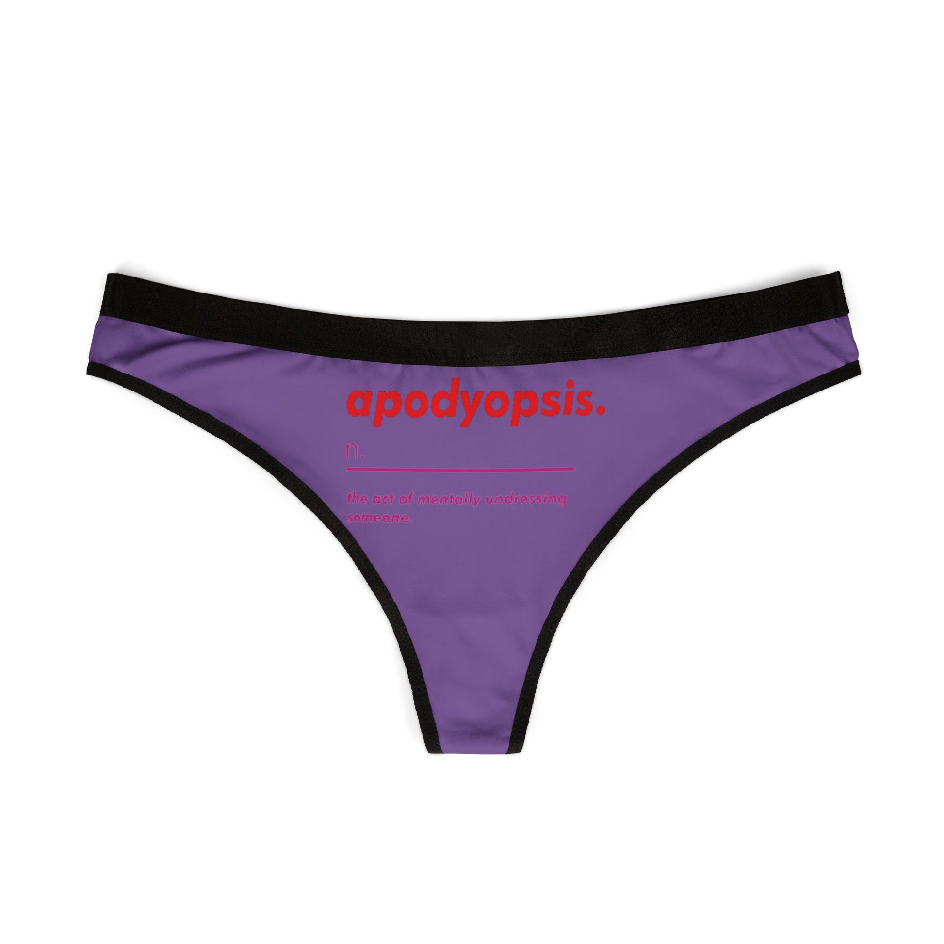 Elegant women's thong in rich purple fabric featuring the word 'apodyopsis' and its definition, encapsulating the essence of playful intimacy and charm.