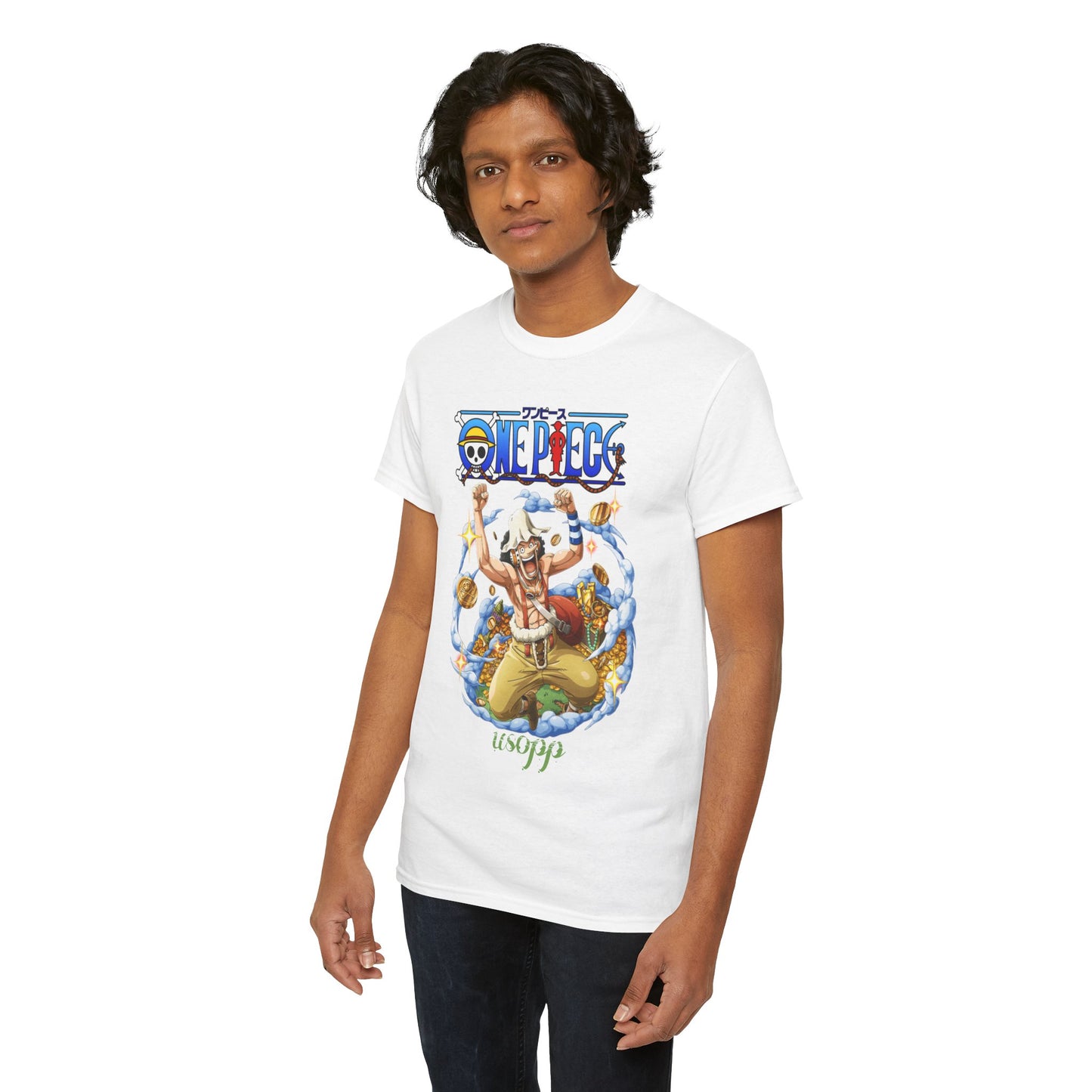 Sophisticated representation of the Dynamic Usopp Men's T-Shirt worn by a model, accentuating the rich colours and artistic flair of One Piece art, perfect for discerning fans.