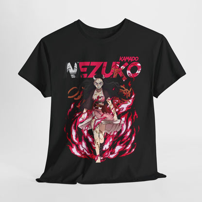 Luxury black T-shirt featuring a dynamic Nezuko Kamado graphic design, showcasing vibrant colours and intricate details, perfect for anime fans.