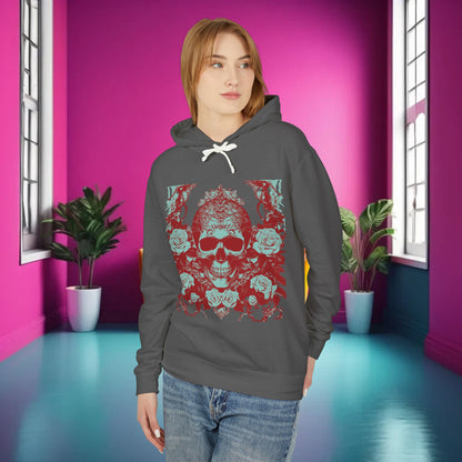 Model wearing the Skull and Roses Lightweight Hoodie in dark grey, featuring a striking skull and roses graphic in an artistic presentation.