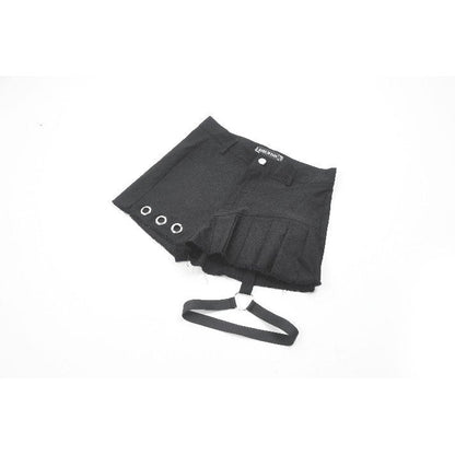 High-waisted black garter shorts with pleated asymmetrical panel and bold silver grommet accents, styled for an edgy, luxurious goth outfit.