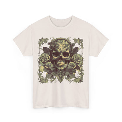 Front view of the Skulls and Roses Cotton Tee featuring a unique steampunk-inspired design with skulls and roses, ideal for making a bold fashion statement.
