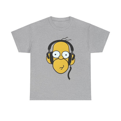 Hear the Hilarity Homer Simpson Headphones Unisex Cotton Tee Graphic T Shirt in heather grey featuring a whimsical depiction of Homer Simpson wearing headphones, a perfect blend of style and comfort.