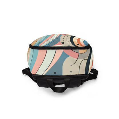 Close-up on the luxurious details of the FusionFit Core Dynamics Pastel Geometric Backpack by Dazzling Dreams Studio, highlighting its durable materials and adjustable straps designed for effortless carrying.