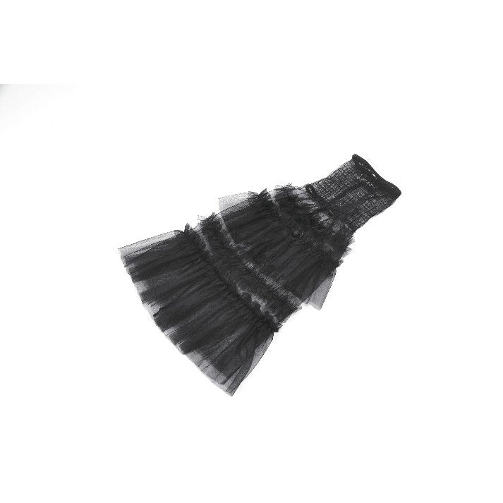 Dark in Love Ophelia Tiered Tulle Knee-High Socks styled with a mini skirt and platforms, embodying alternative fashion.