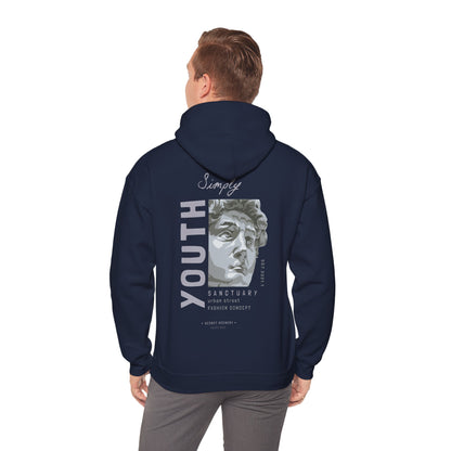 Elegant youth sanctuary hoodie displayed on a model, featuring a striking back print with artistic graphics and contemporary styling, epitomising urban fashion sophistication.