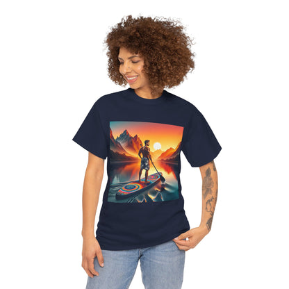Luxurious Serene Paddle Board T-Shirt by Dazzling Dreams Studio, showcasing a stunning paddleboarding scene perfect for nature lovers.
