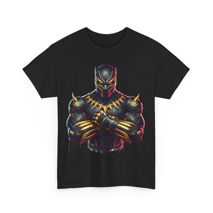 Striking front view of the Black Panther unisex graphic tee featuring a vibrant graphic of the iconic superhero in a stylish black suit, perfect for upscale fashion lovers.