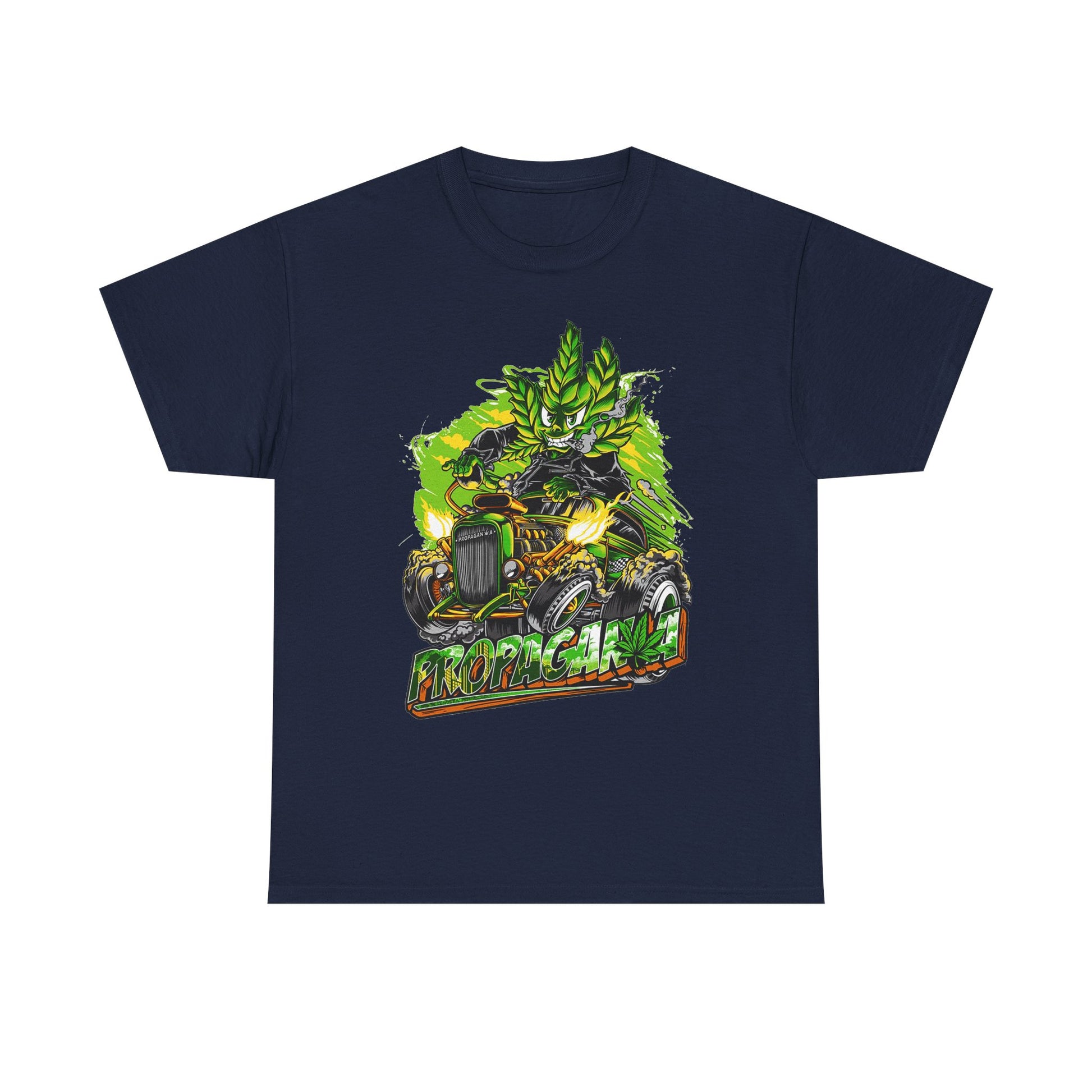 Luxury men's navy t-shirt featuring a vibrant cannabis leaf hot rod graphic design, combining automotive style with bold artistic flair.