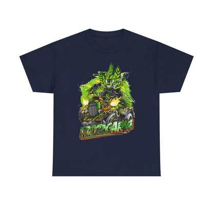 Luxury men's navy t-shirt featuring a vibrant cannabis leaf hot rod graphic design, combining automotive style with bold artistic flair.