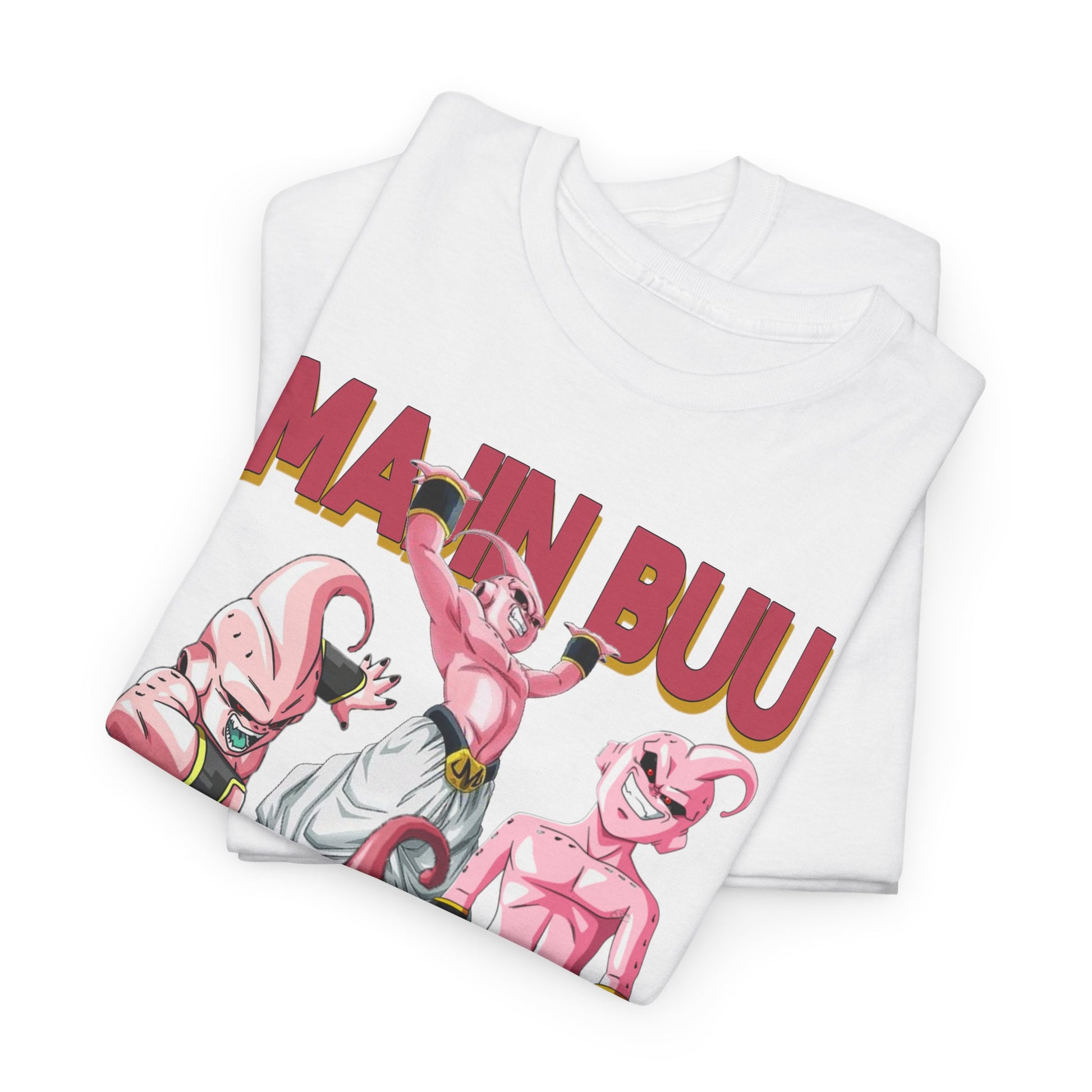Exquisite folded white T-shirt with a vibrant design of Majin Buu and colleagues from Dragon Ball Z, featuring bold typography, a stylish essentials for any anime lover's wardrobe.