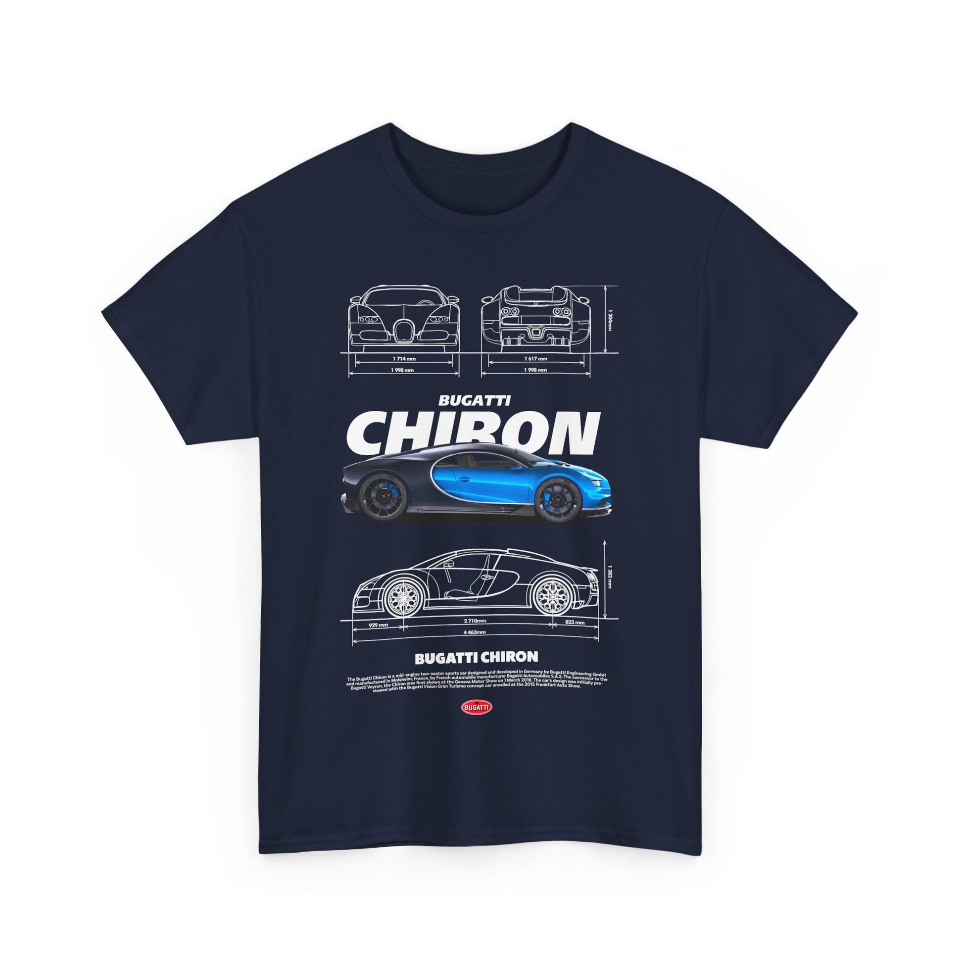 Men's navy blue t-shirt featuring an elegant Bugatti Chiron graphic print with engineering details, ideal for car aficionados.