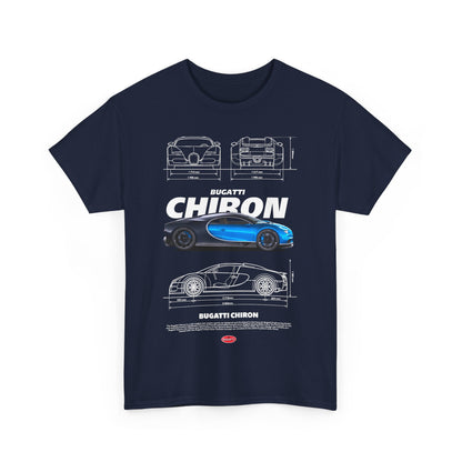 Men's navy blue t-shirt featuring an elegant Bugatti Chiron graphic print with engineering details, ideal for car aficionados.