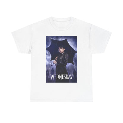 Luxury unisex graphic tee featuring the 'Wednesday' Embrace the Dark Elegance design, showcasing a character holding an umbrella against a stormy backdrop.