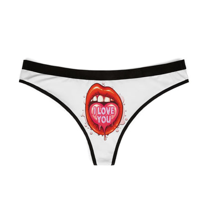 Elegant women's graphic thong showcasing a striking illustration of red lips with a bold message 'I Love You', ideal for a cheeky and stylish addition to intimate apparel.