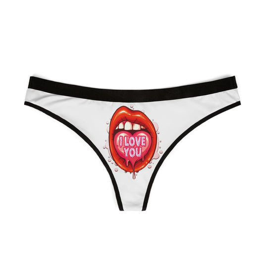 Elegant women's graphic thong showcasing a striking illustration of red lips with a bold message 'I Love You', ideal for a cheeky and stylish addition to intimate apparel.