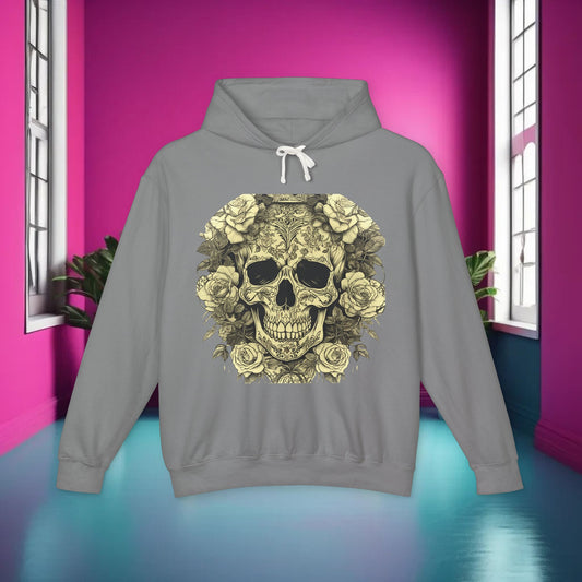 Skull and Roses Lightweight Hoodie in light grey, featuring a captivating skull and roses design. A stylish unisex sweatshirt that embodies contemporary edgy fashion.