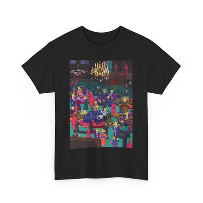Chic black t-shirt showcasing a playful graphic design from 'Squid Game', highlighting a vivid party scene with bold colours and stylish details.