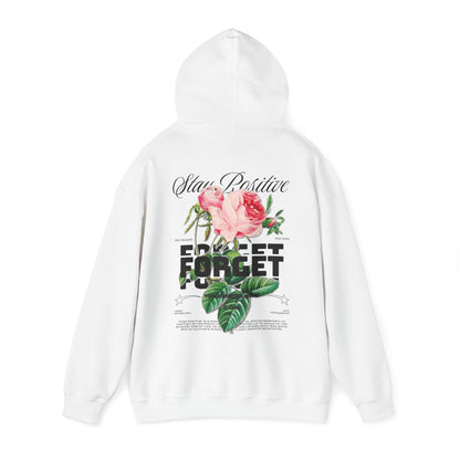 Classic white hoodie with an exquisite floral motif and the motivational phrases 'Stay Positive' and 'Forget Your Problems' on the back, offering a stylish statement.