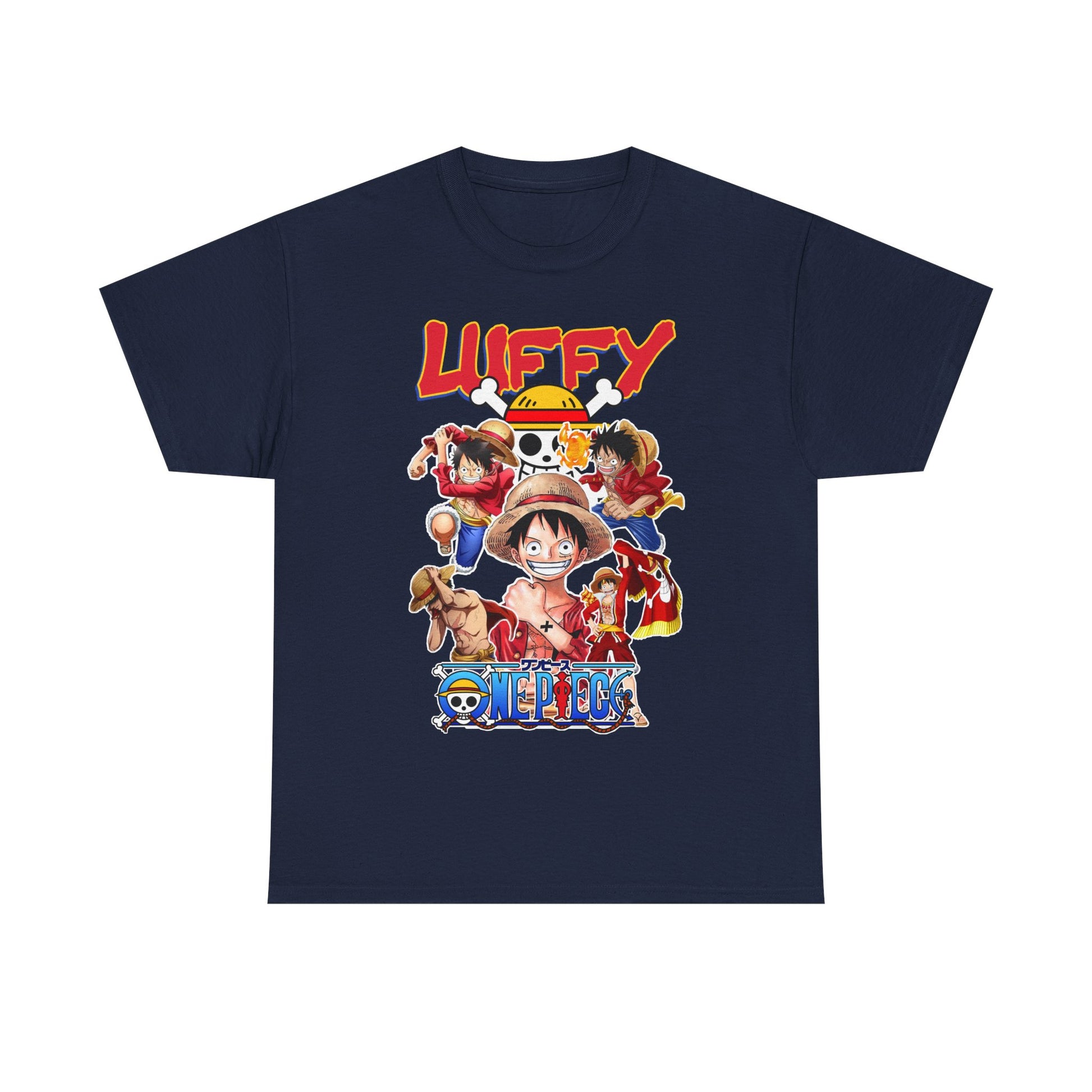 Luxurious navy blue t-shirt featuring iconic characters from 'One Piece', showcasing a vibrant design with Luffy and his crew, perfect for anime enthusiasts.